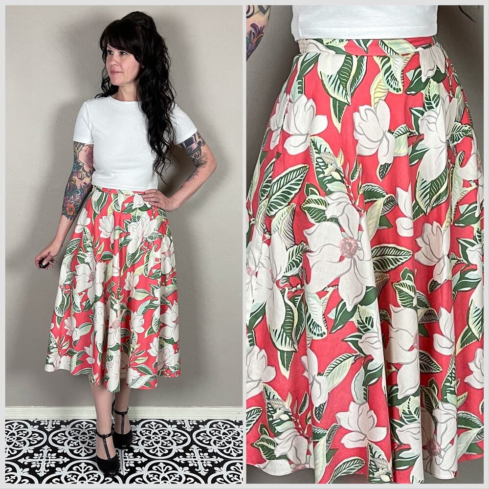 Vintage 1980s Coral Hawaiian Magnolia Print High Waist Midi Skirt